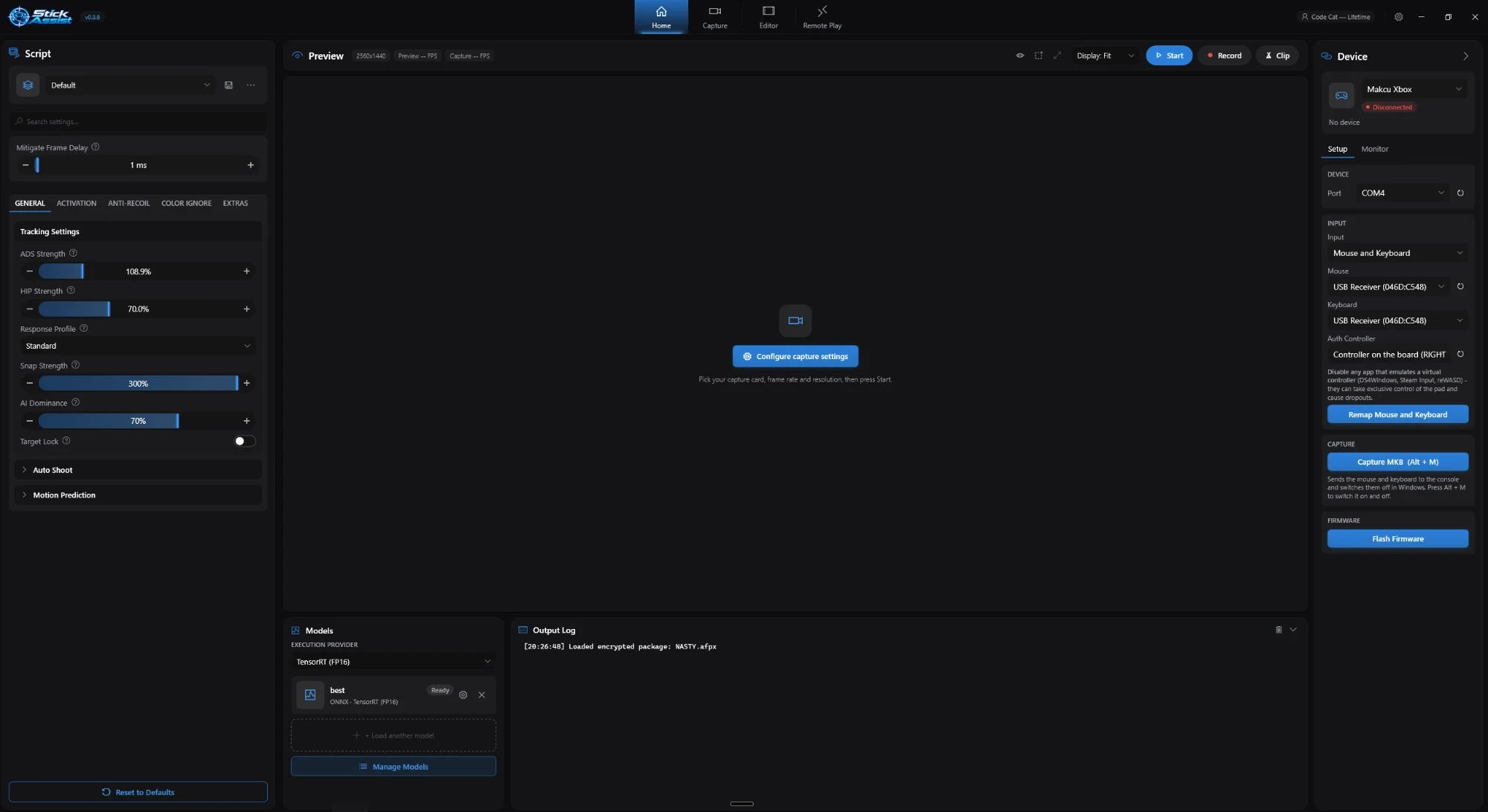 The Stick Assist window: tracking settings on the left, the live preview in the middle, the loaded model below it and the device setup on the right